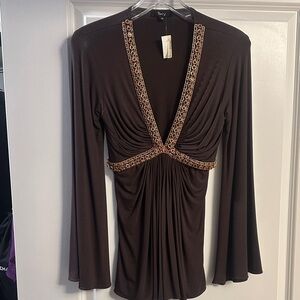Sky Brown Long Sleeve V-Neck Blouse